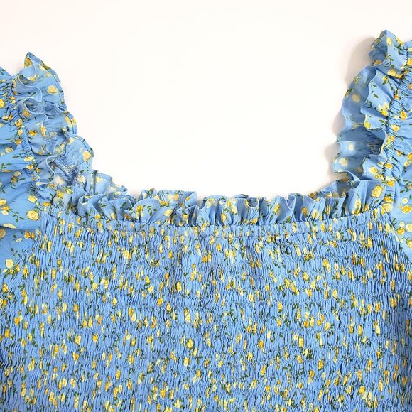 Faithfull The Brand Charlotte Mini Dress 6 Smocked Blue Ditsy Floral Puf… - Picture 11 of 14